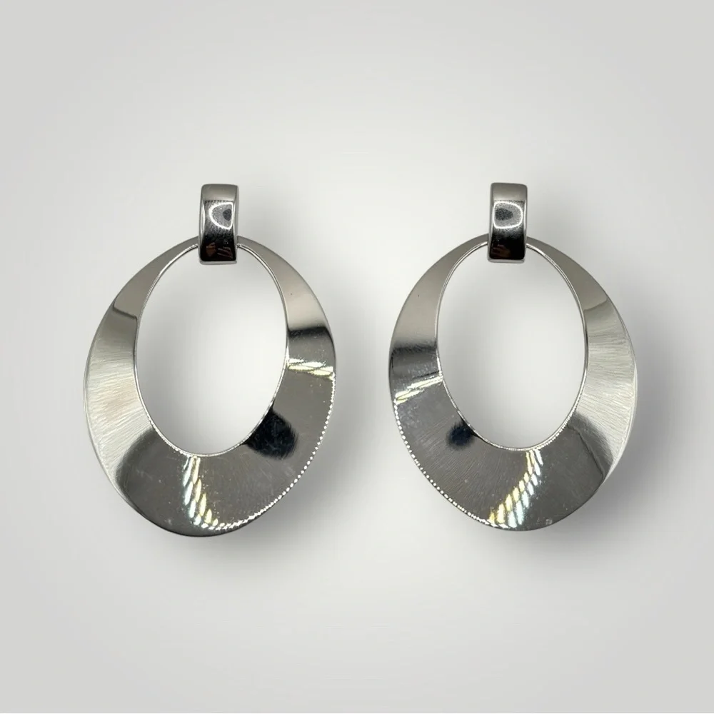Monet Signed Designer Long Silver Tone Modernist Dangle Earrings